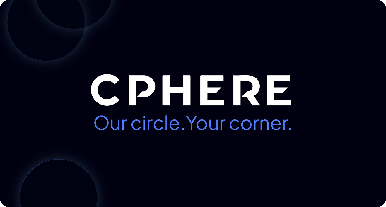 Logo for CPHERE: white text on dark blue background with tagline, 