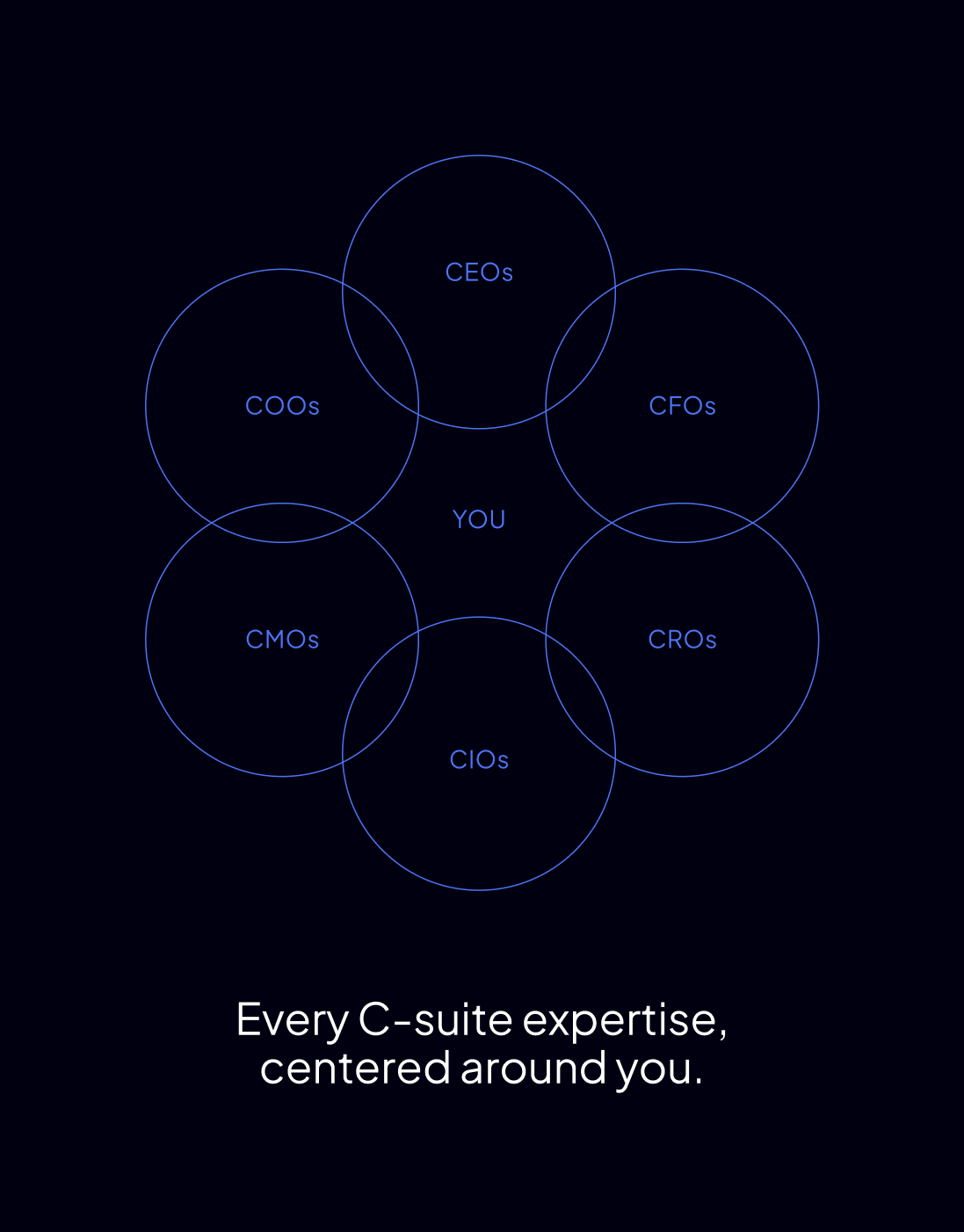 Dark blue graphic. Circles depicting C-suite positions (CEO, CFO, CTO, etc.) overlap, centering on 