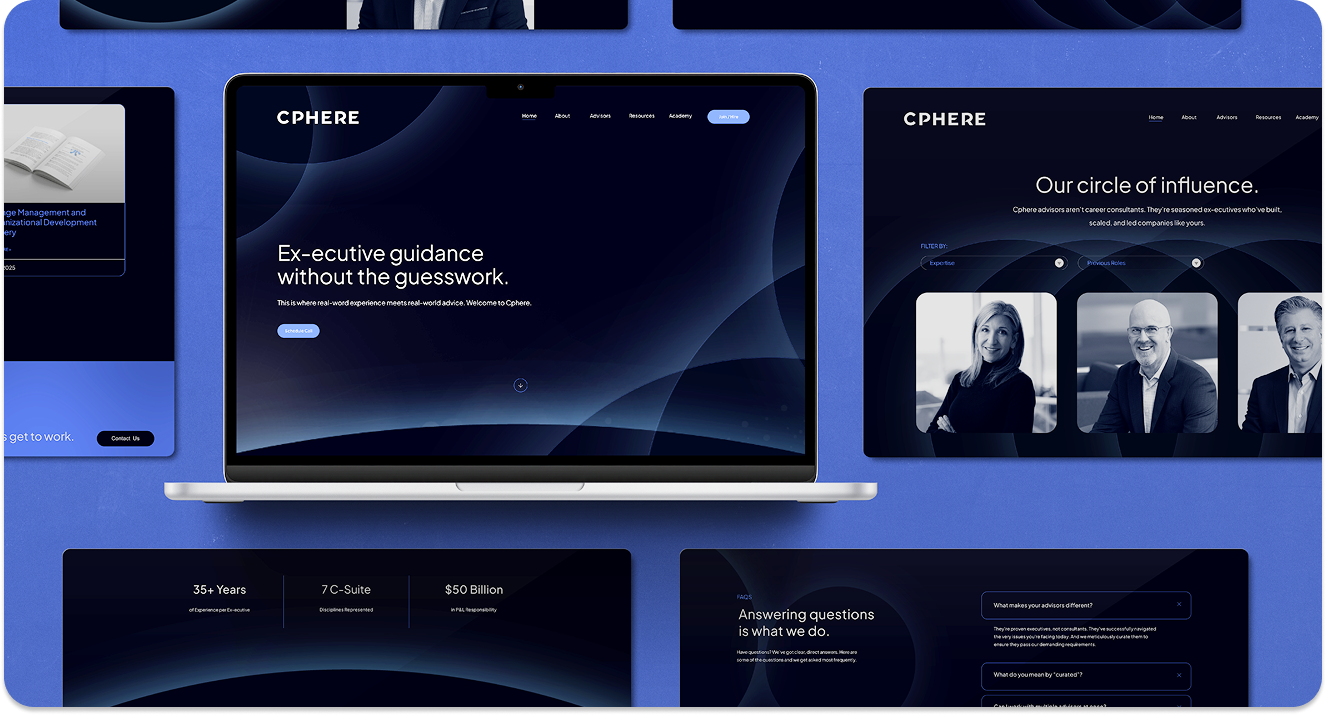 Cphere site mockup on a blue background, showcasing a dark, abstract design with text and photos.