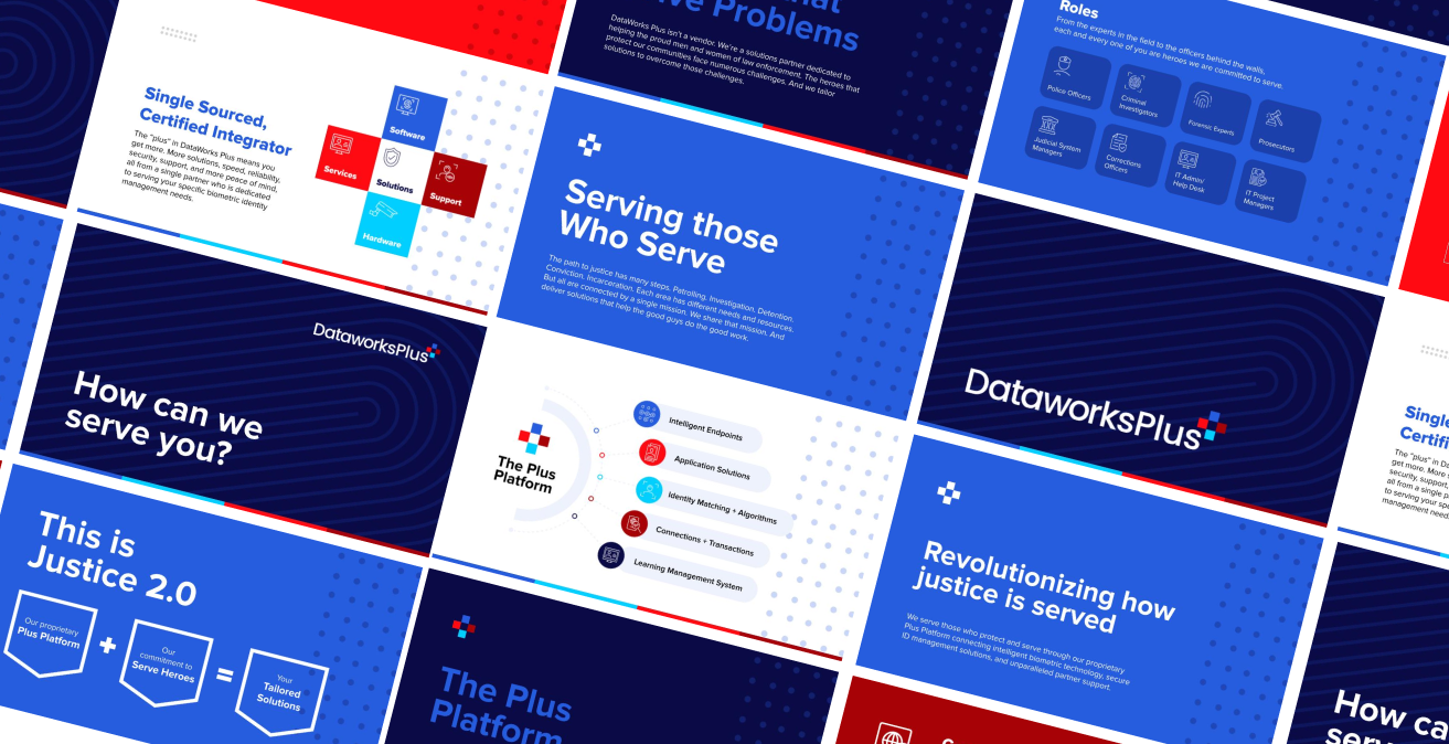 A presentation layout in blue and red. Text includes 
