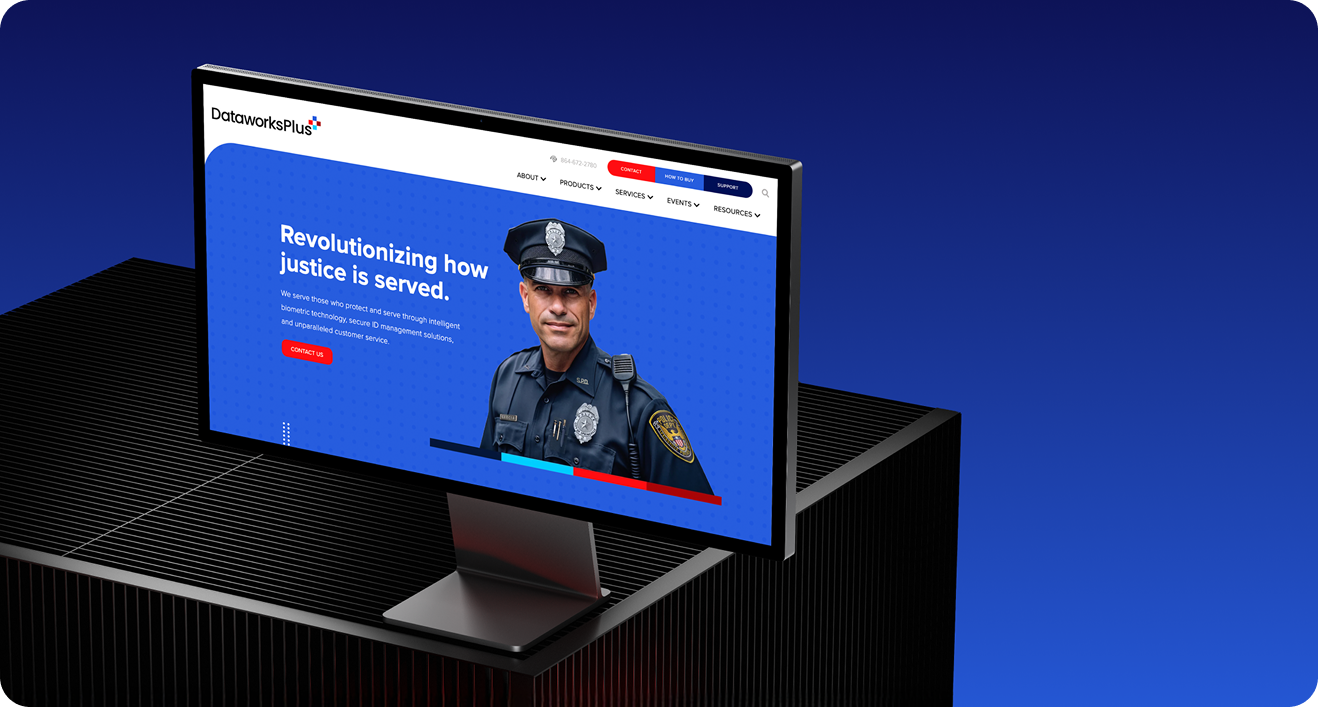 Website for a police department displayed on a computer screen, police officer portrait.