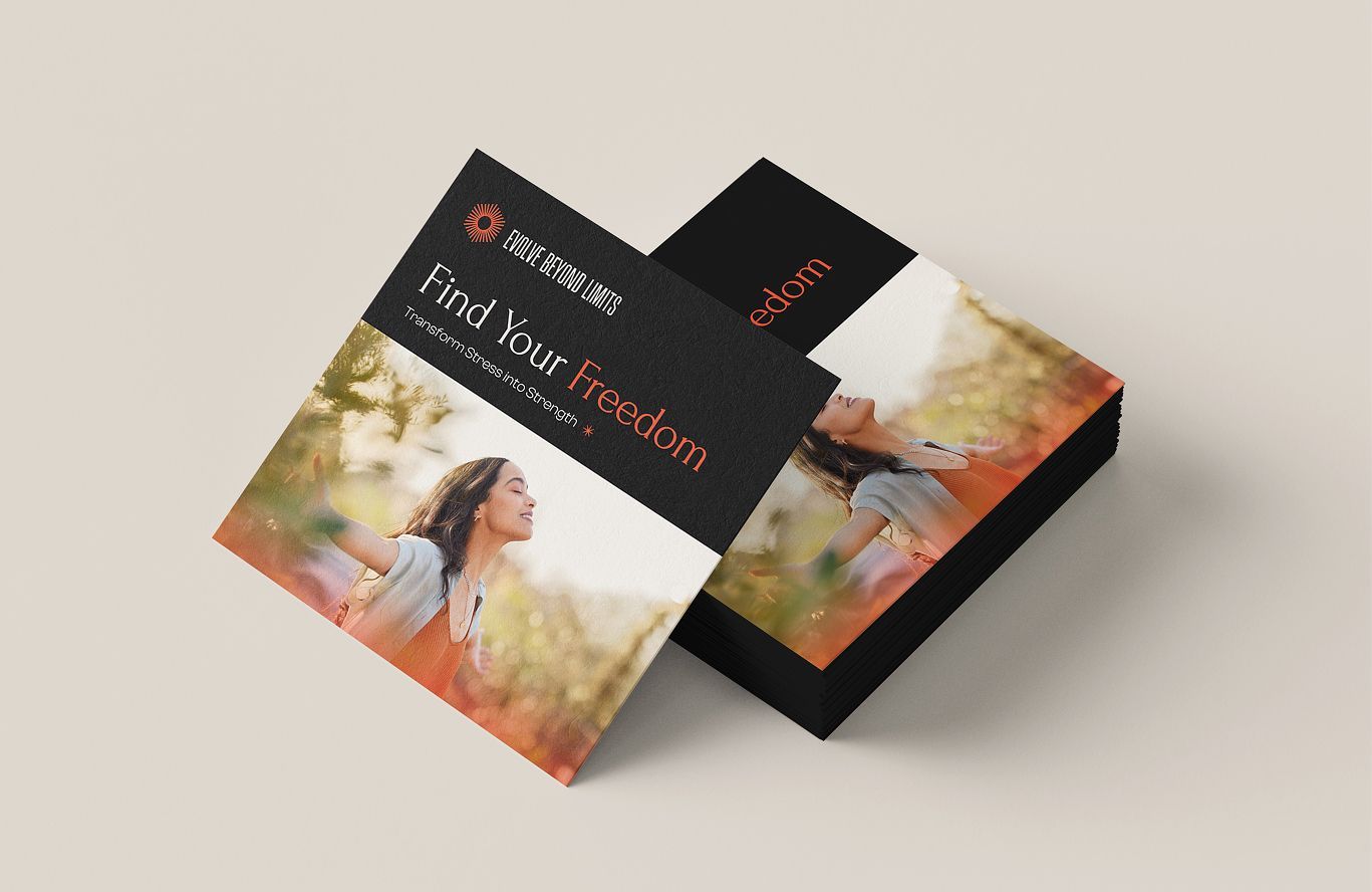 Stack of square cards; top card features woman with arms outstretched, text 