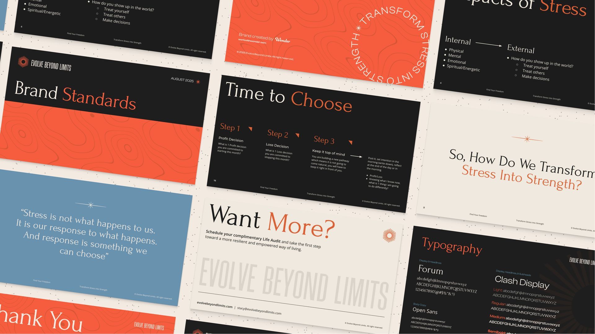 Presentation slides with titles like 