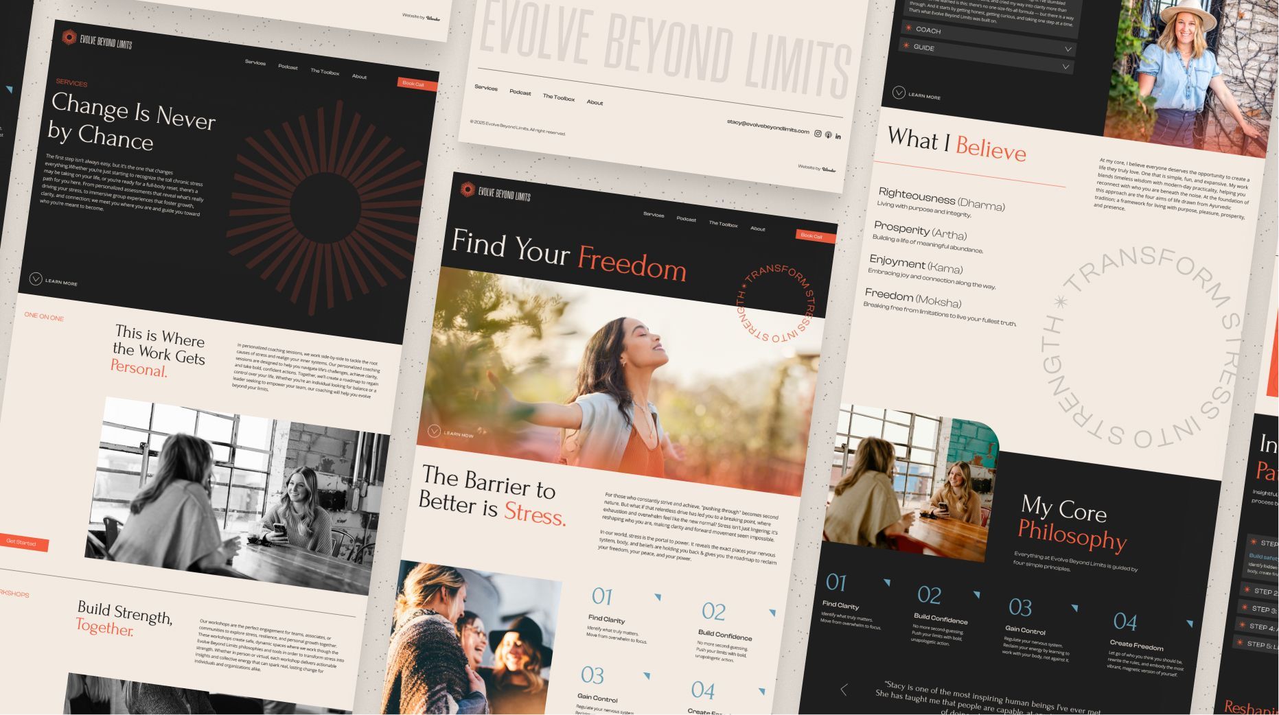 Mockup of website layouts with text and photos of people.