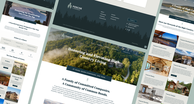 Screenshots of a website promoting a resort community with forest scenery and cabins.