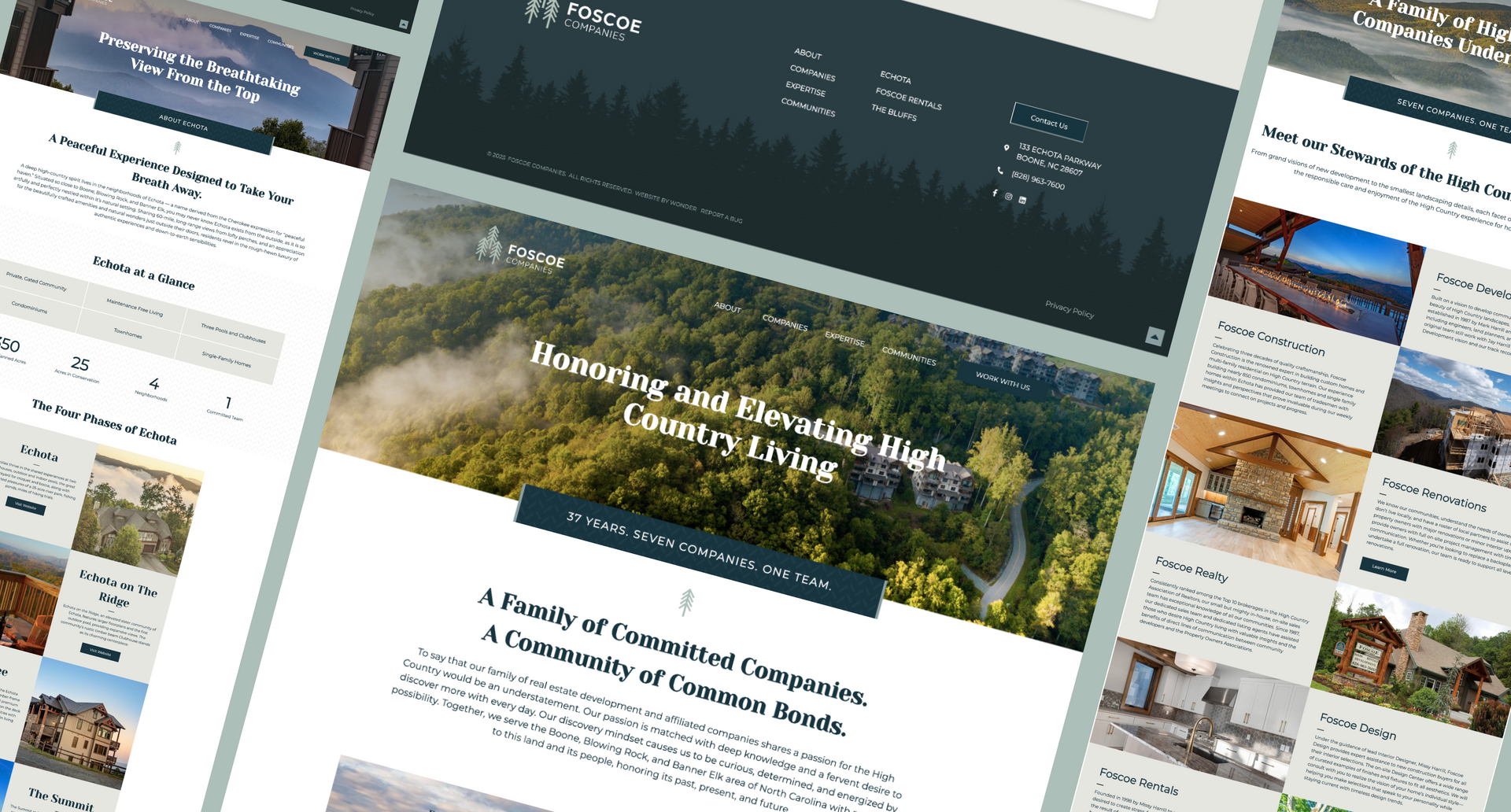 Screenshots of a website promoting a resort community with forest scenery and cabins.