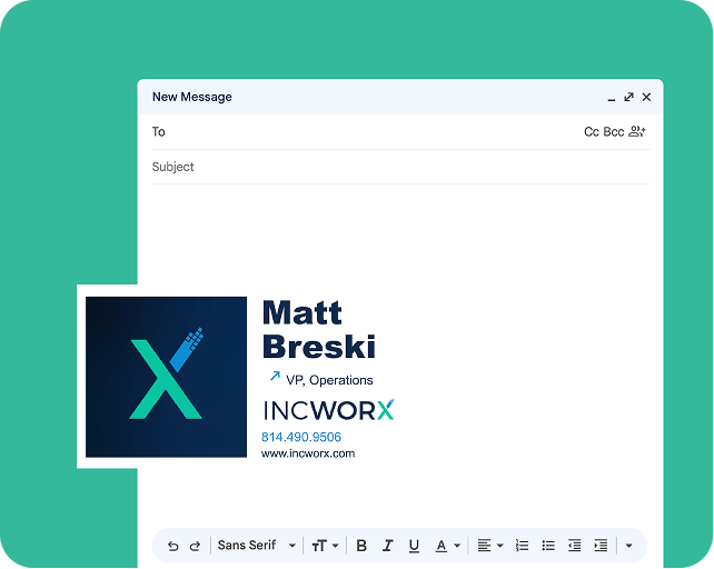 Email draft with a blue and teal email signature for Matt Breski, VP of Operations at INCWORX.