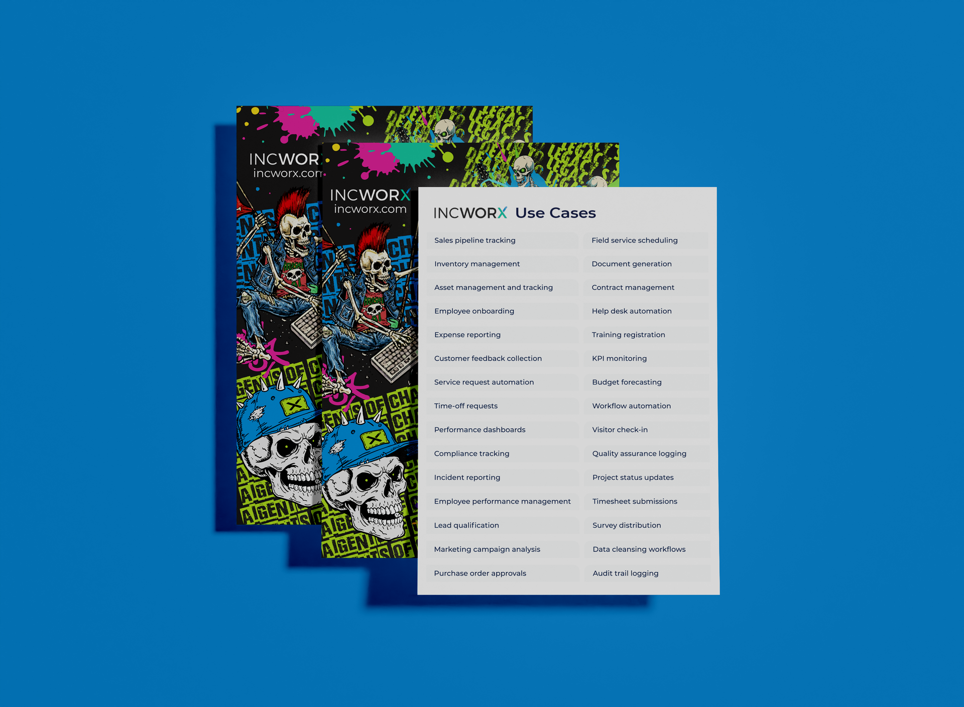 Three flyers on a blue surface. One shows a skull character with vibrant colors. The others list rules and instructions.
