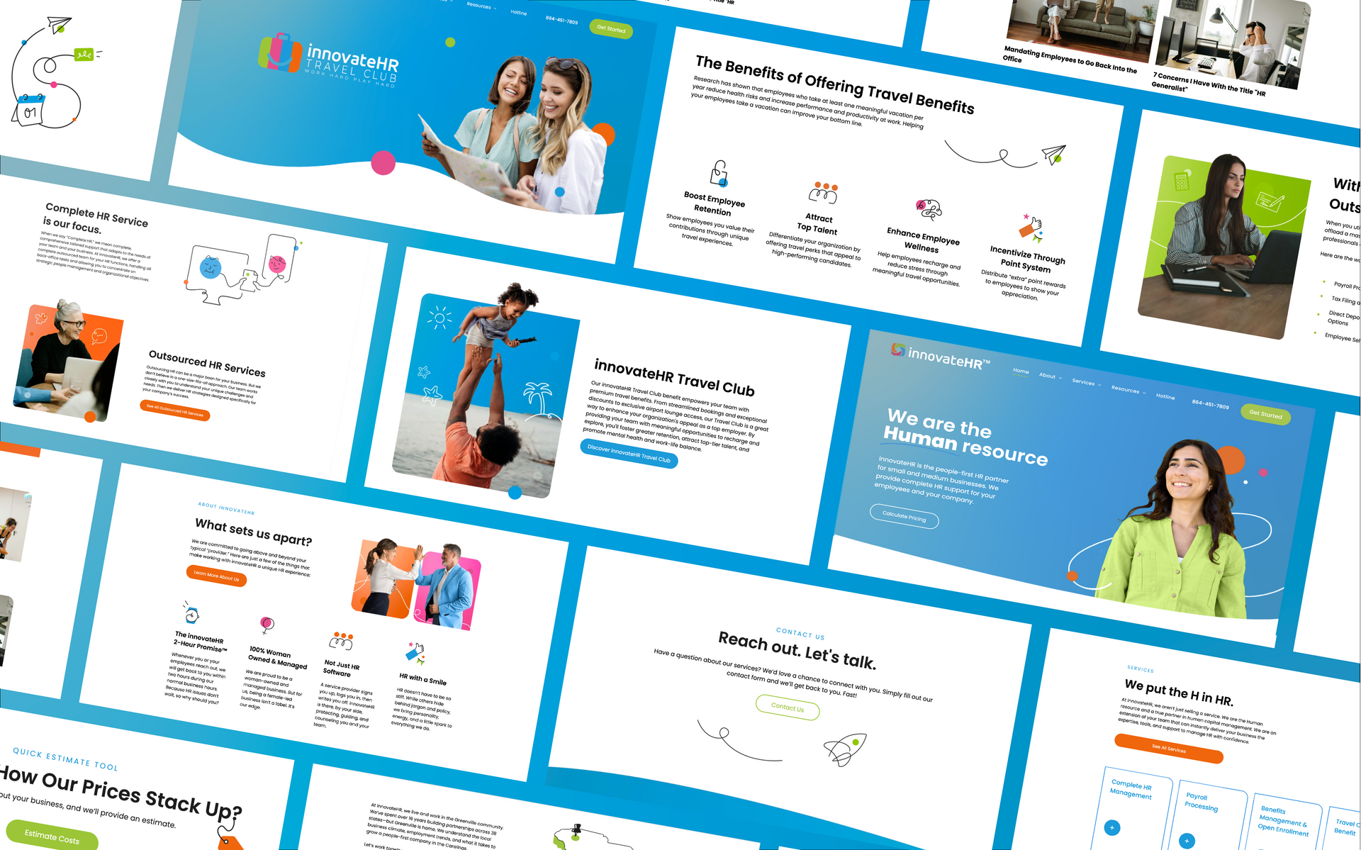 Webpage layouts in blue and white, featuring people, illustrations, and text.