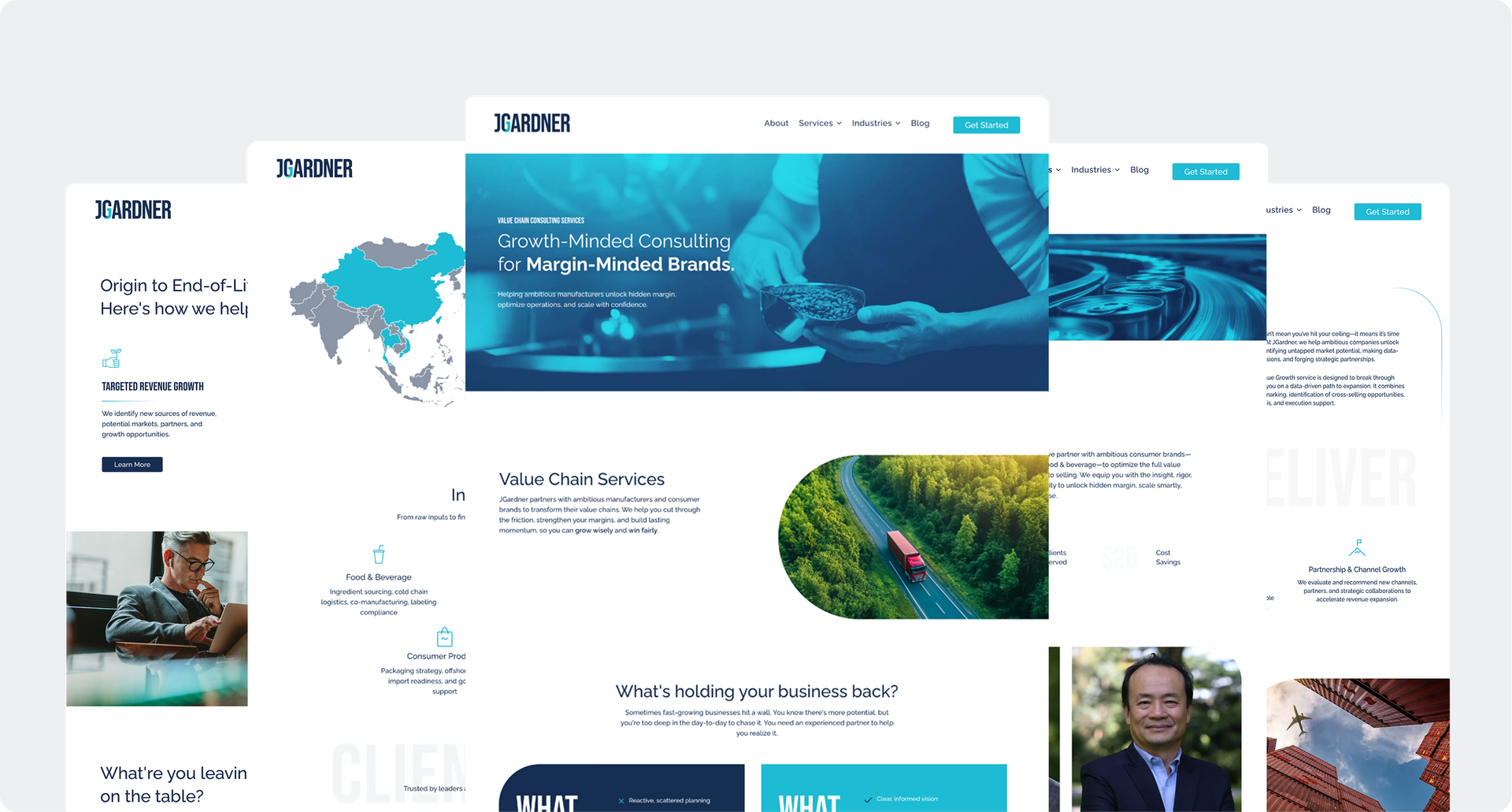 Website design, showcasing business services with light blue accents, global map, and imagery of supply chain logistics.