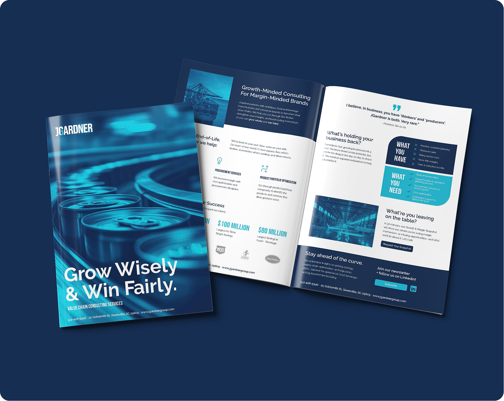 Two brochures with light blue covers, text 