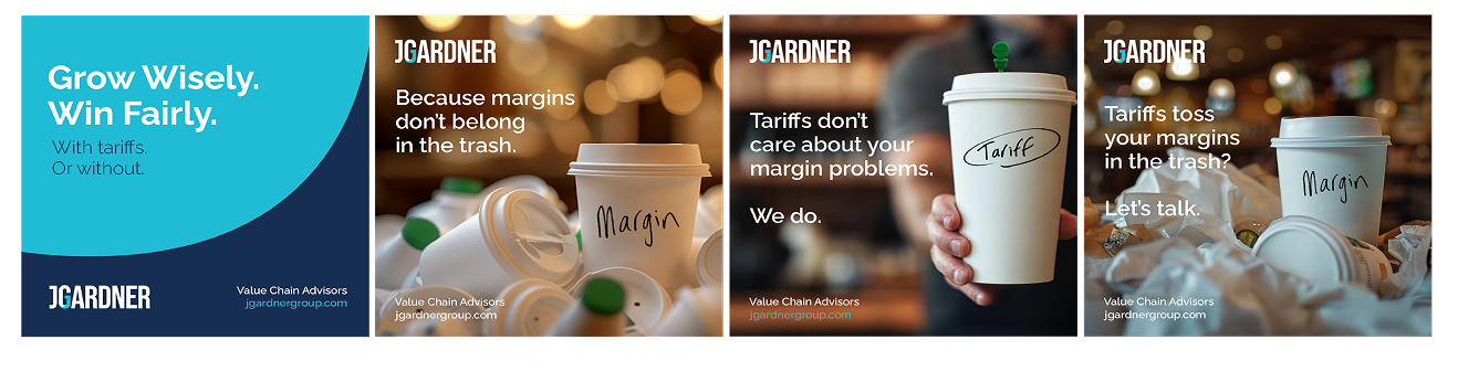 Four Starbucks advertisements with text and coffee cups.