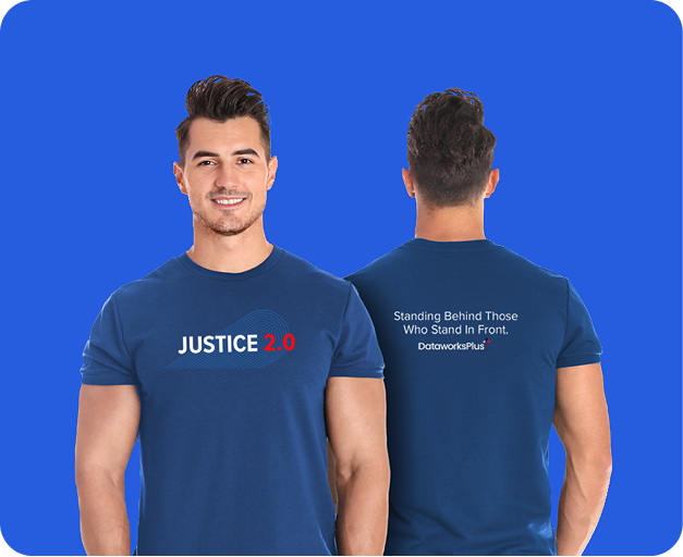 Man wearing a blue JUSTICE 20 t-shirt, front and back view, smiling against blue background.