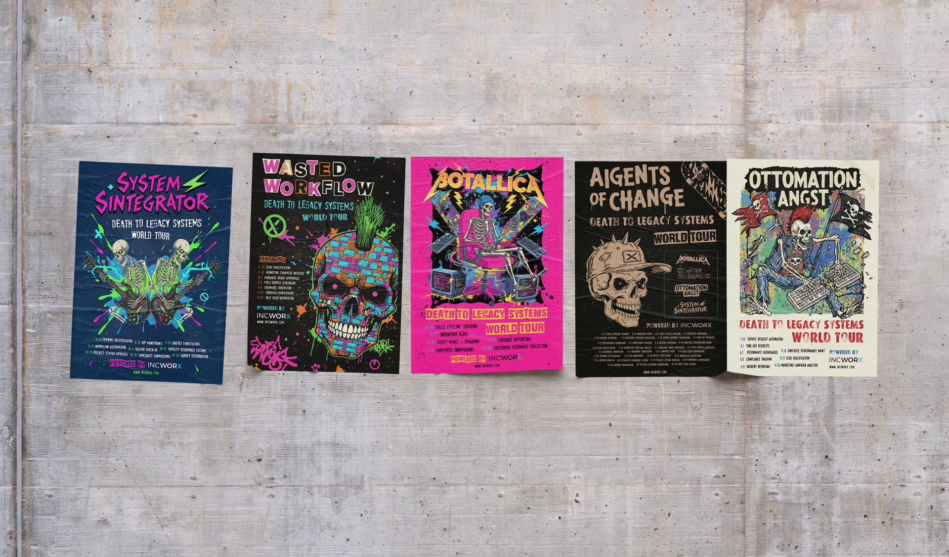 Five colorful concert posters on a concrete wall. Posters feature skulls, text, and vibrant illustrations.