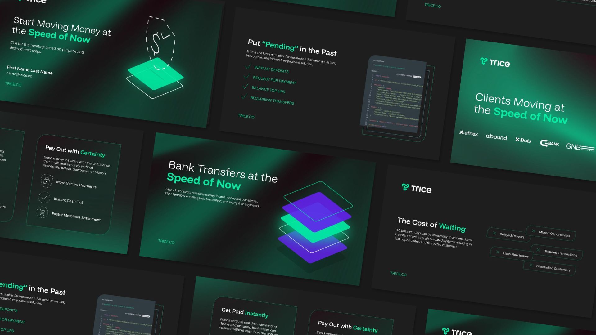 Presentation slides with a teal and dark background. Diagrams with a geometric design.