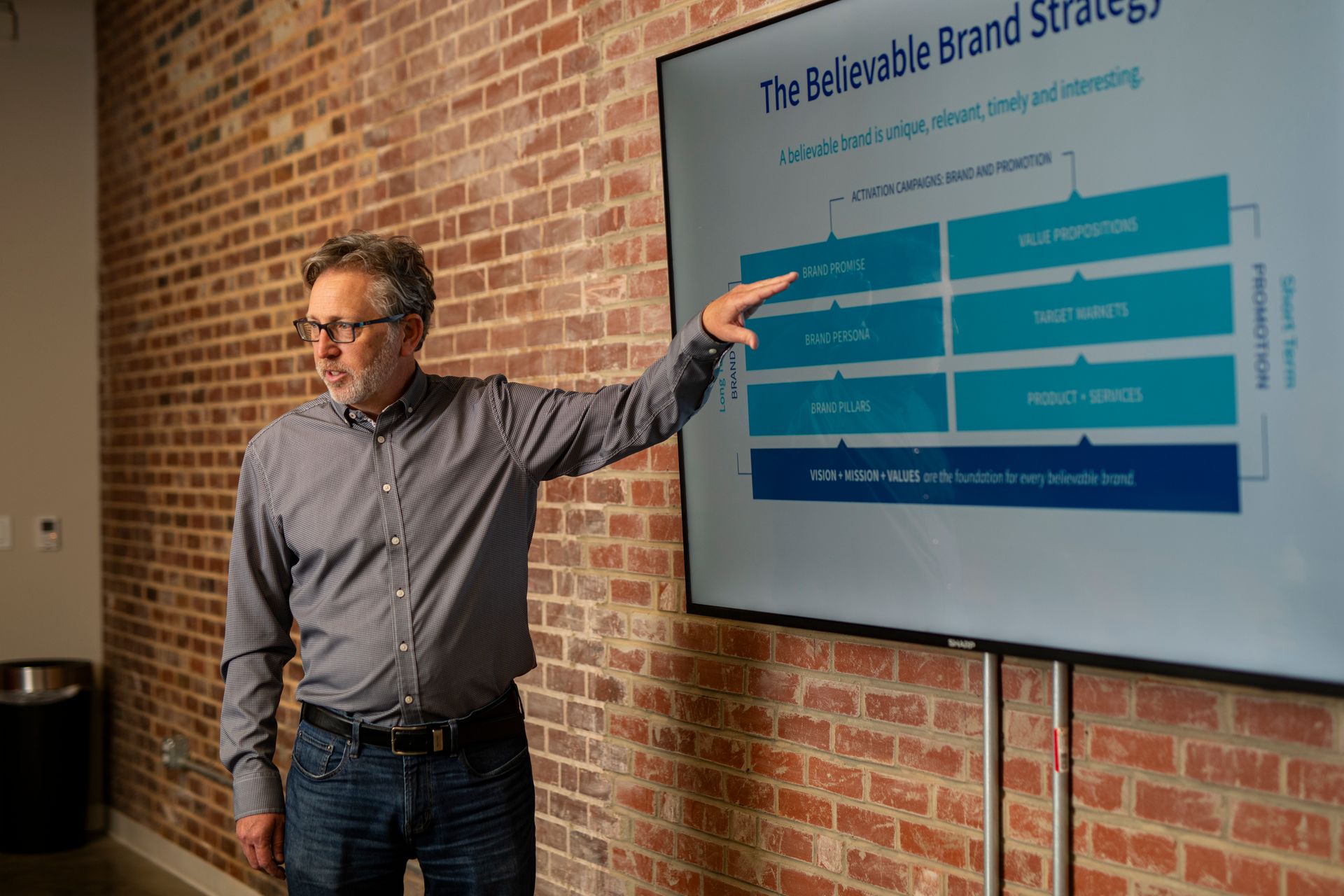 Man pointing to a blue strategy slide on a wall-mounted screen in a brick-walled room