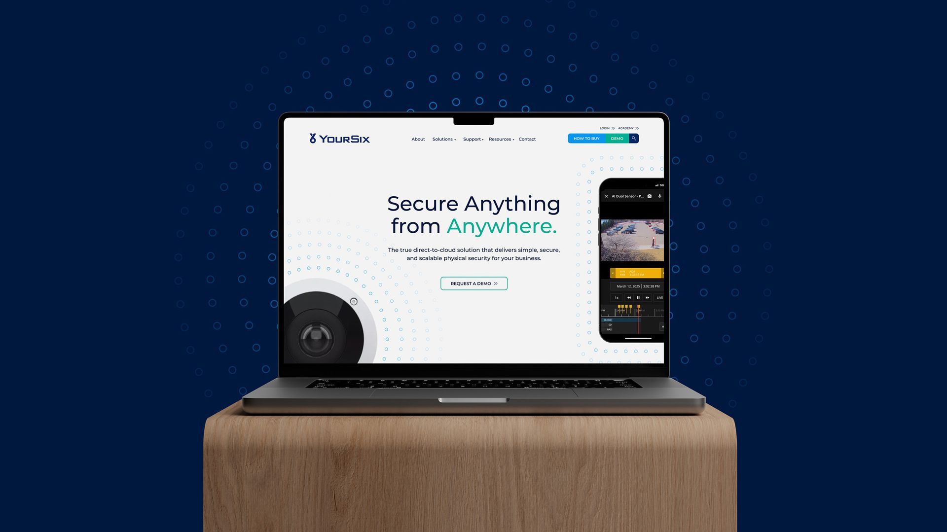 YourSix physical security website on laptop and mobile device showing secure cloud-connected surveillance