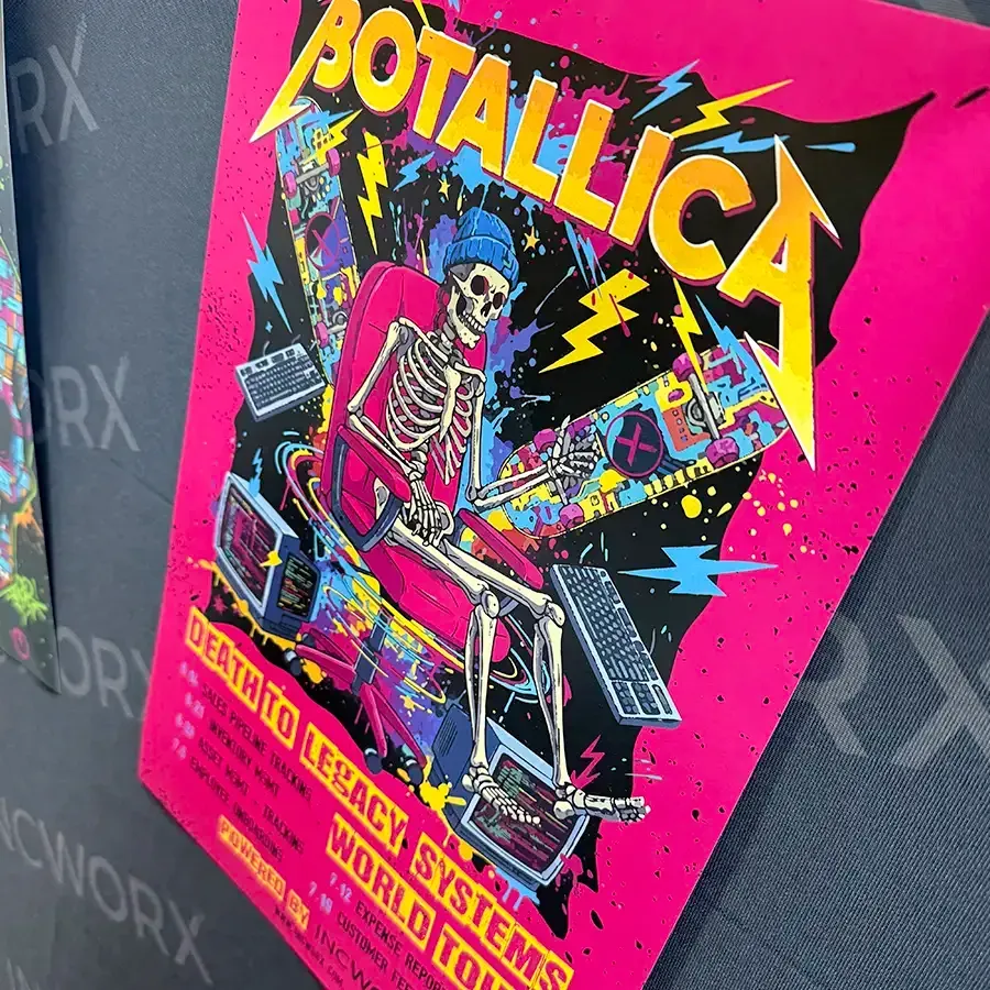 Three flyers on a blue surface. One shows a skull character with vibrant colors. The others list rules and instructions.