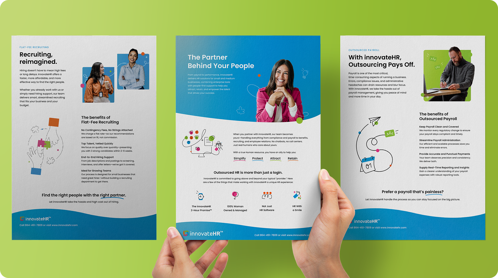 Hands holding three flyers with colorful graphics and people, on a green background.