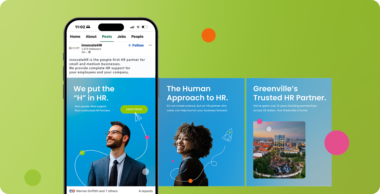 Mobile phone displaying an HR website with a man, woman, and city views. Green and blue design with orange accents.