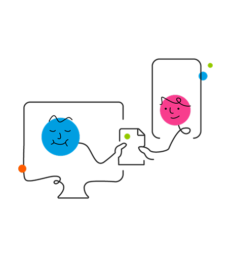 Cartoon of file transfer between computer and smartphone; blue and pink faces.