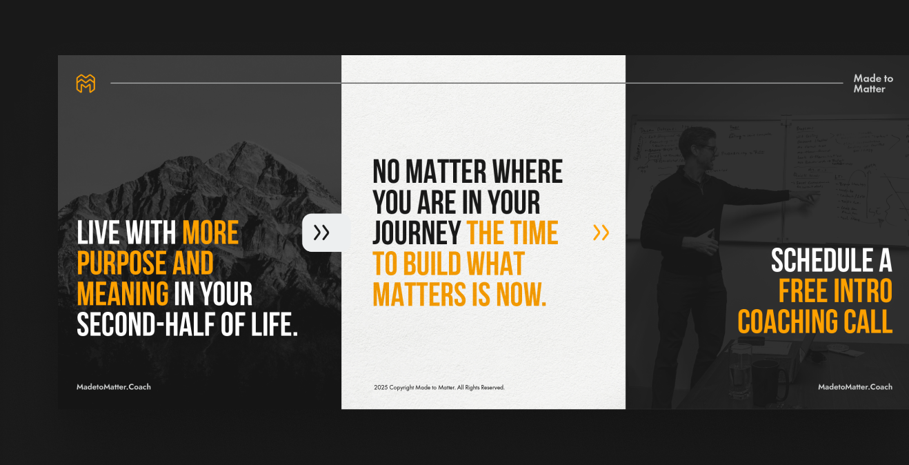 A motivational graphic with text about life purpose, featuring mountain, arrow, and a coach teaching.