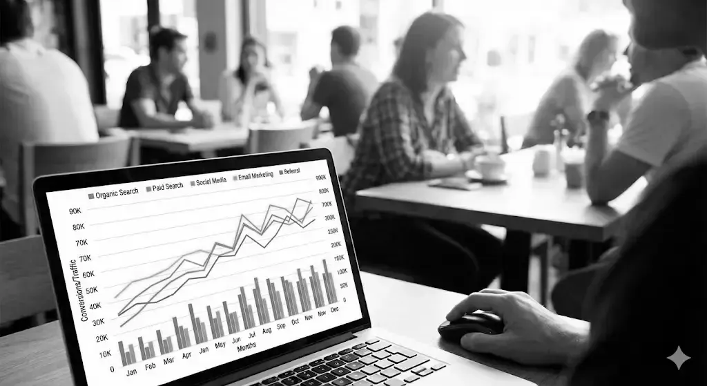 Laptop screen displaying a multi-channel marketing analytics chart with organic, paid, and social da