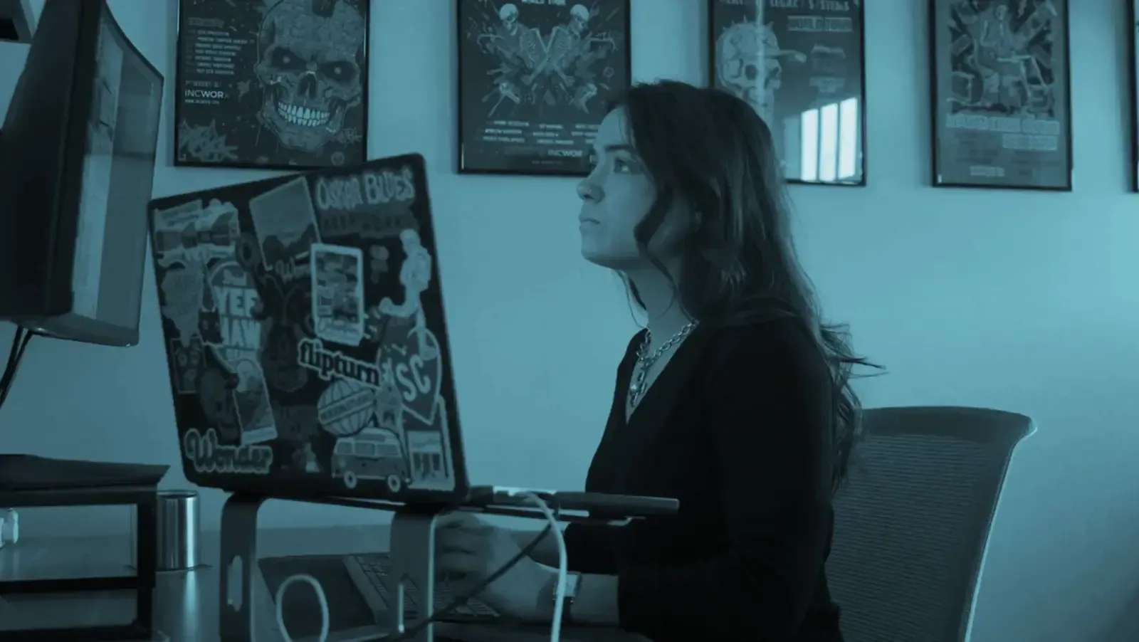 Dark blue background with white text asking 