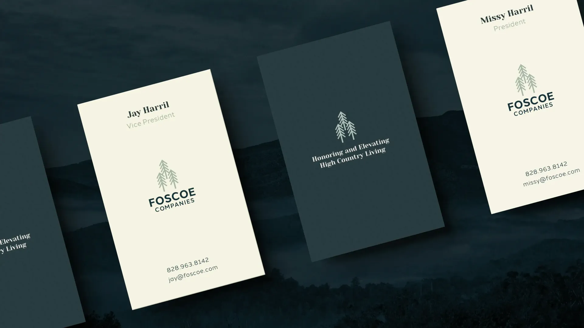 Two business cards; one light, one dark. The light card lists a CEO and company info, and the dark card lists services.
