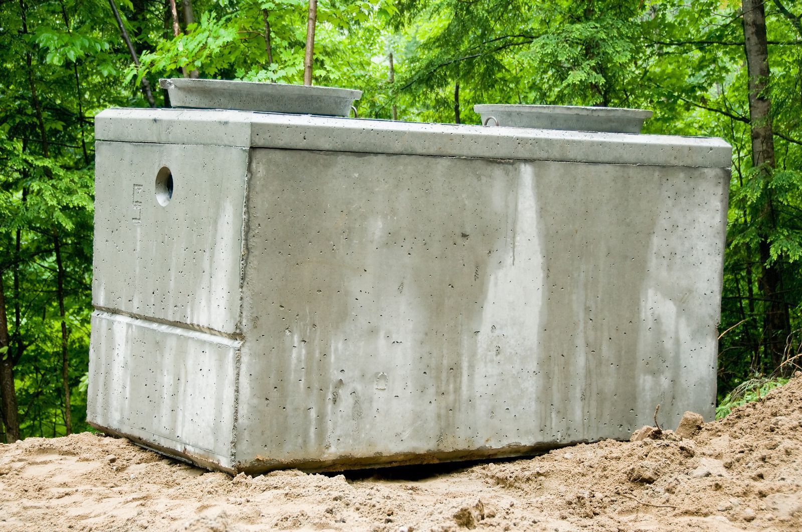 Concrete septic tank on dirt, with two access lids and a side opening; trees in the background.