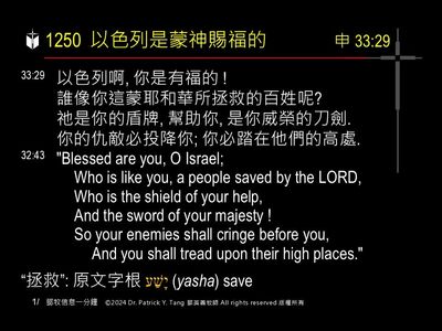 A presentation slide with Chinese and English text about faith and law, along with Greek word roots.