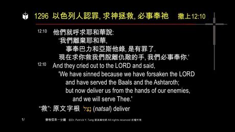 A presentation slide with Chinese and English text about faith and law, along with Greek word roots.
