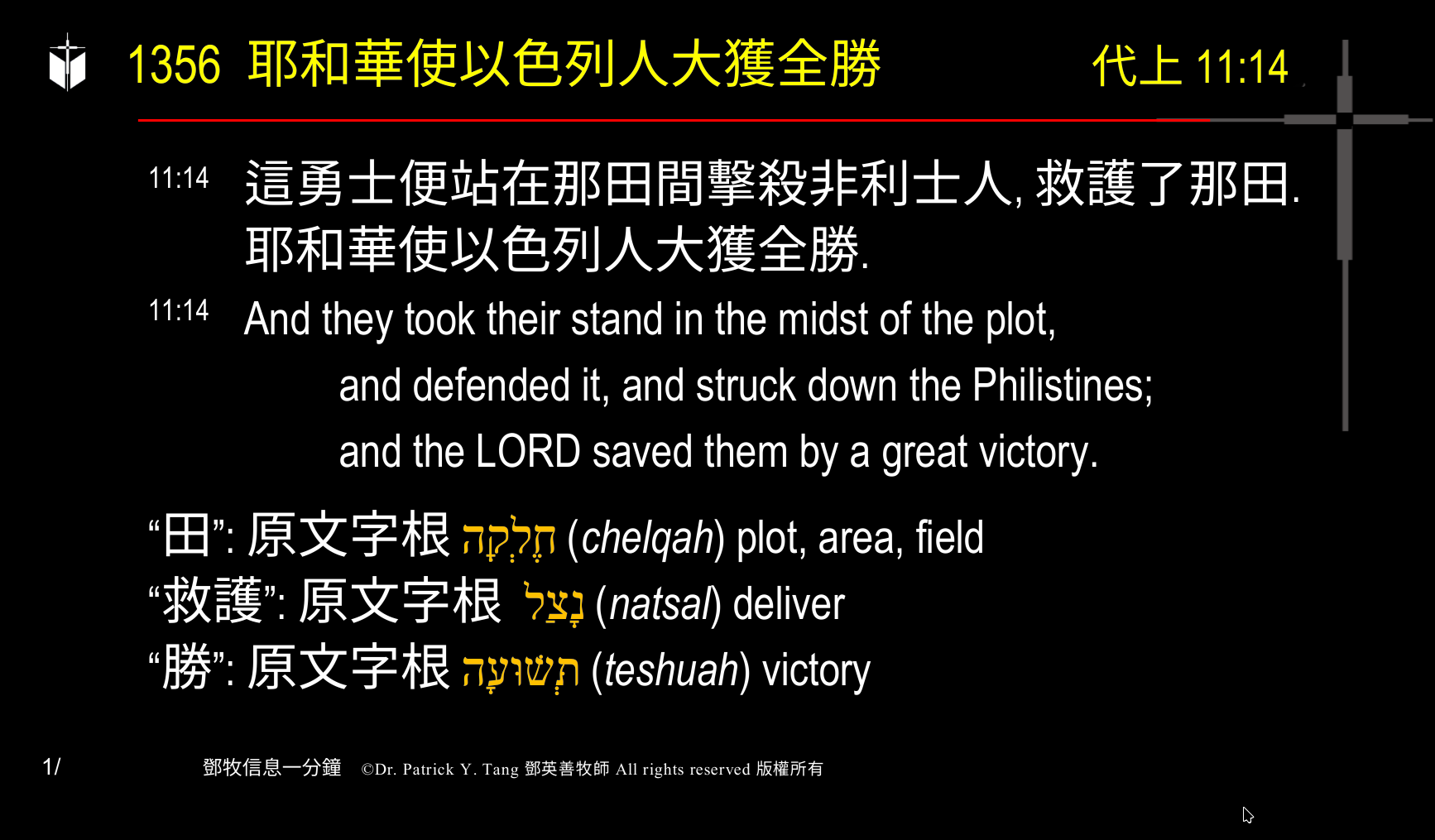A presentation slide with Chinese and English text about faith and law, along with Greek word roots.