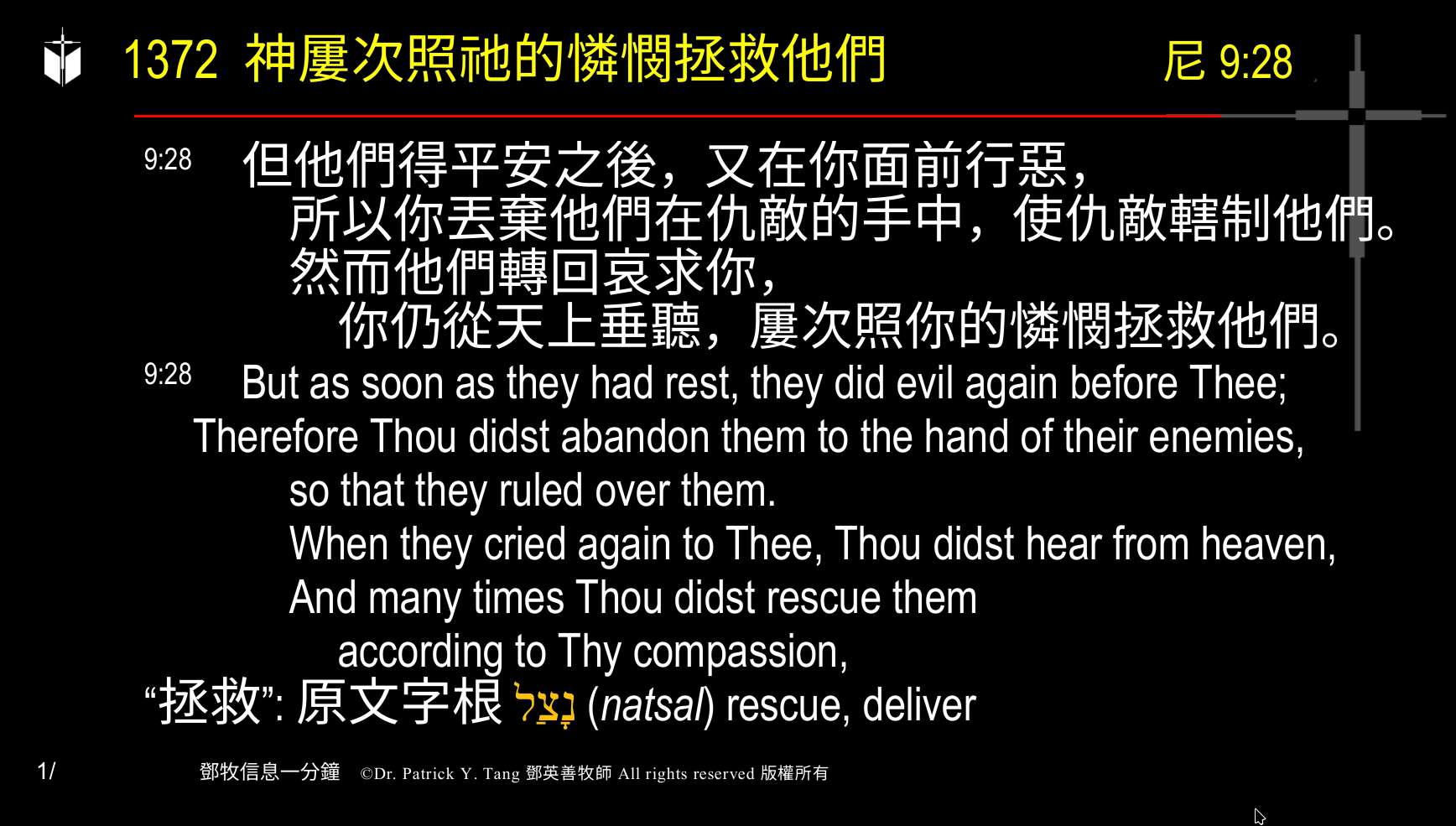 A presentation slide with Chinese and English text about faith and law, along with Greek word roots.