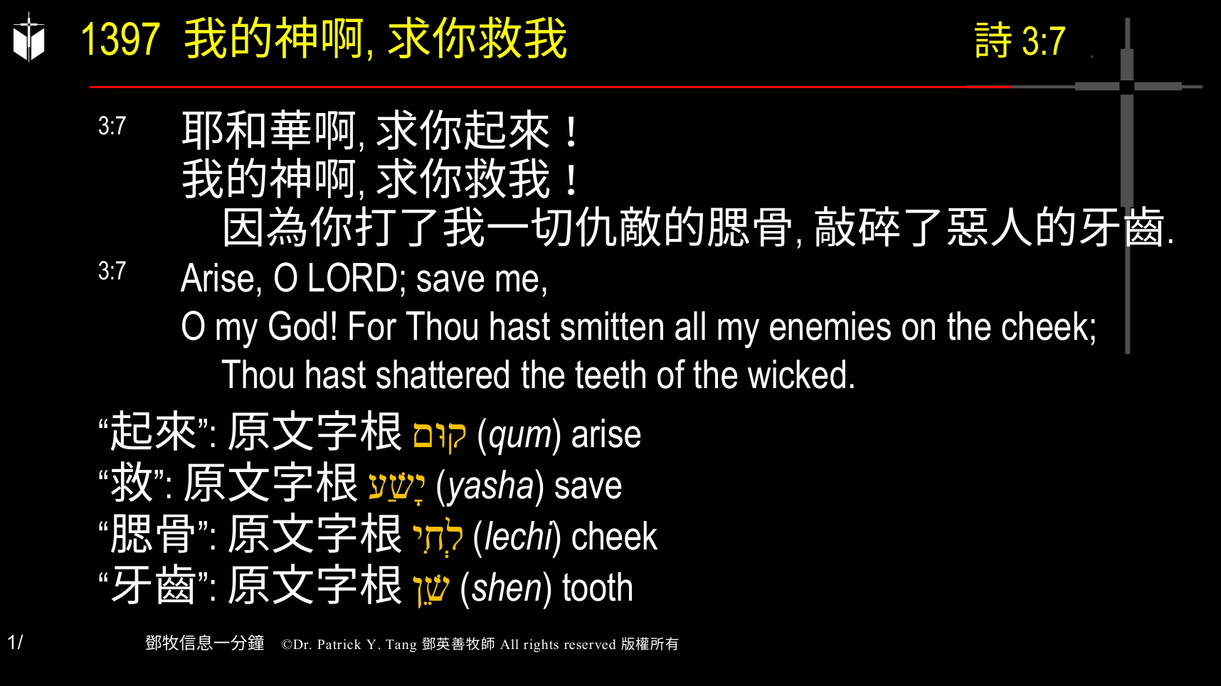 A presentation slide with Chinese and English text about faith and law, along with Greek word roots.
