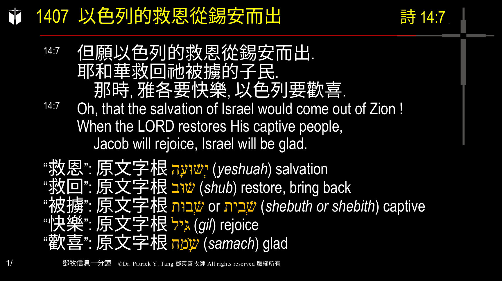 A presentation slide with Chinese and English text about faith and law, along with Greek word roots.