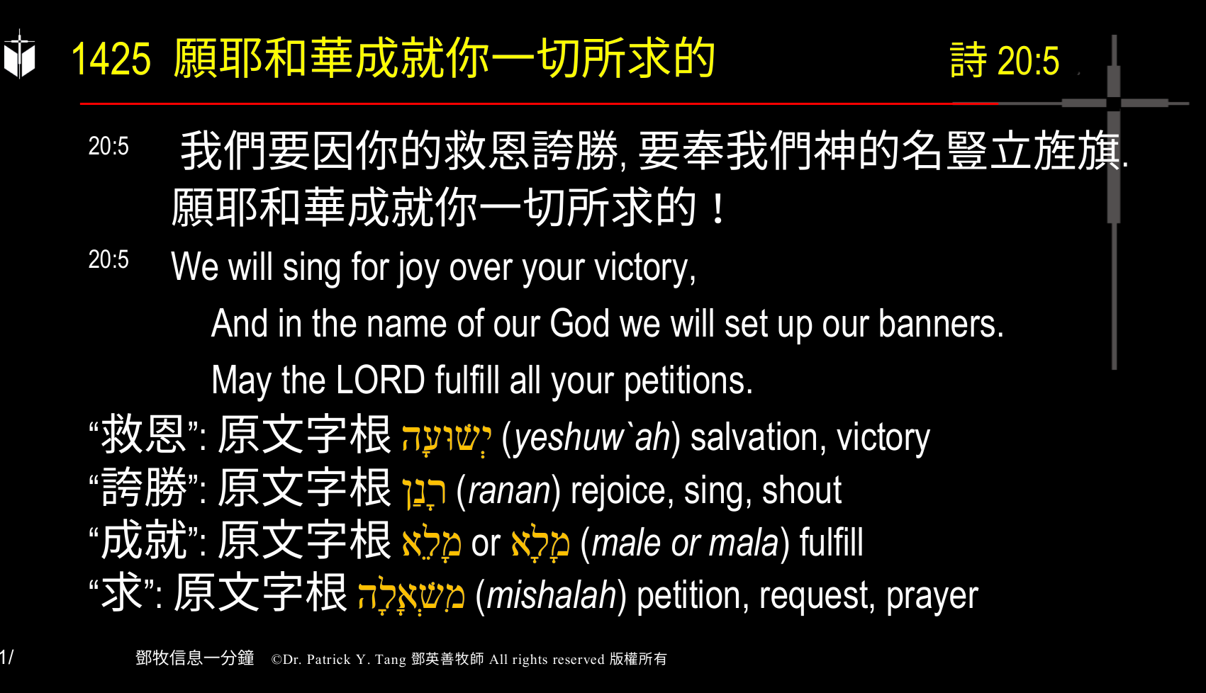 A presentation slide with Chinese and English text about faith and law, along with Greek word roots.