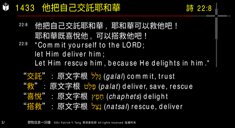 A presentation slide with Chinese and English text about faith and law, along with Greek word roots.