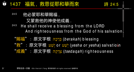 A presentation slide with Chinese and English text about faith and law, along with Greek word roots.