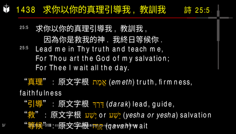 A presentation slide with Chinese and English text about faith and law, along with Greek word roots.