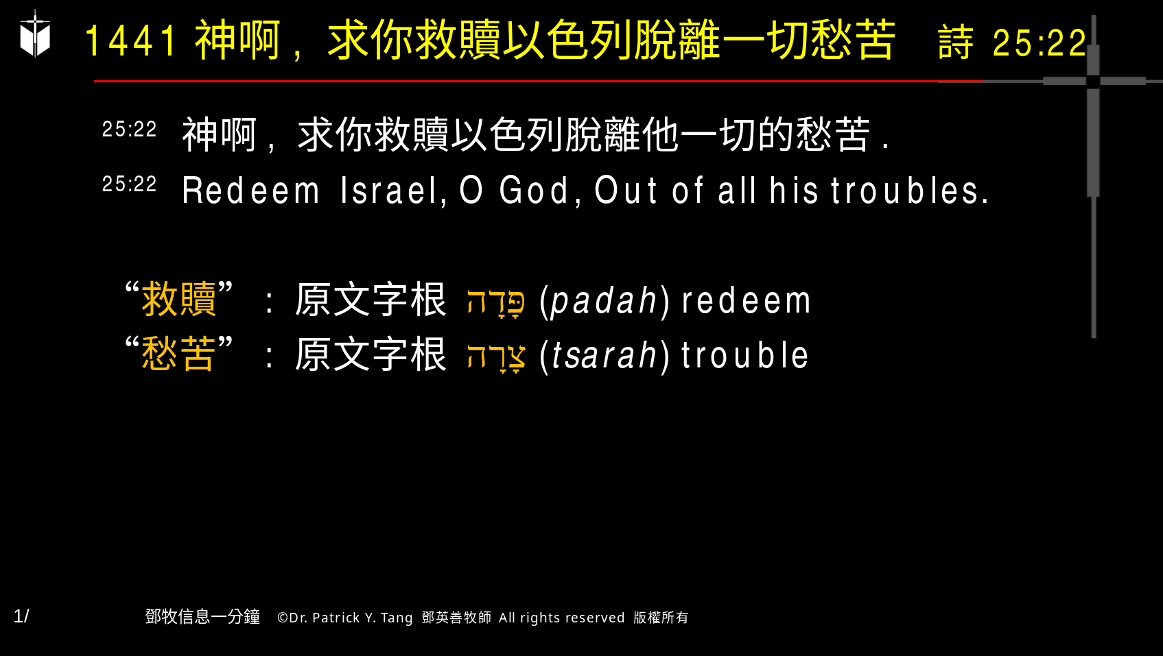A presentation slide with Chinese and English text about faith and law, along with Greek word roots.