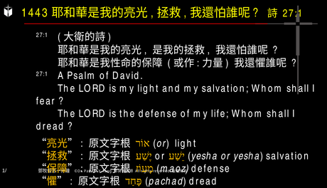 A presentation slide with Chinese and English text about faith and law, along with Greek word roots.