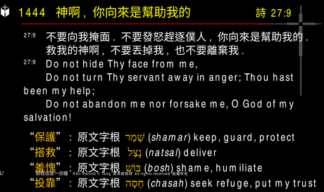 A presentation slide with Chinese and English text about faith and law, along with Greek word roots.