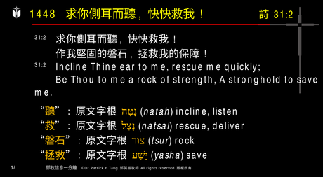 A presentation slide with Chinese and English text about faith and law, along with Greek word roots.