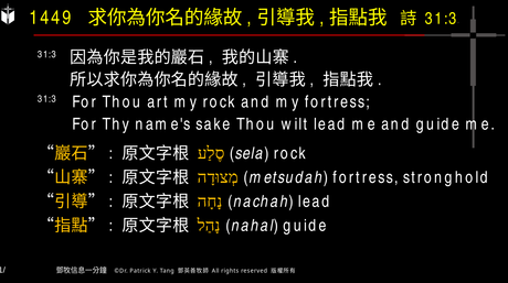 A presentation slide with Chinese and English text about faith and law, along with Greek word roots.