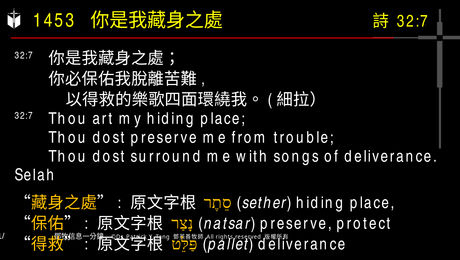 A presentation slide with Chinese and English text about faith and law, along with Greek word roots.