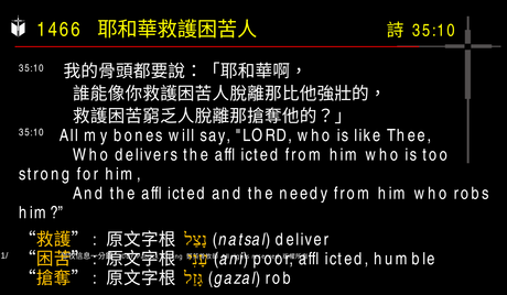 A presentation slide with Chinese and English text about faith and law, along with Greek word roots.
