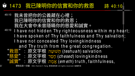 A presentation slide with Chinese and English text about faith and law, along with Greek word roots.