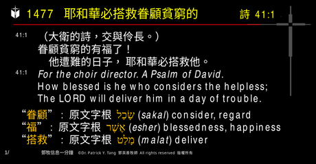 A presentation slide with Chinese and English text about faith and law, along with Greek word roots.