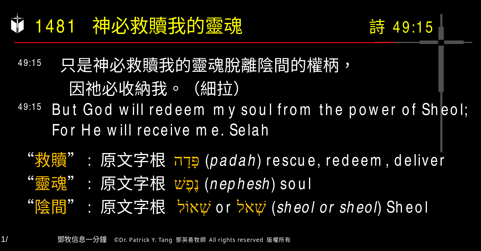 A presentation slide with Chinese and English text about faith and law, along with Greek word roots.